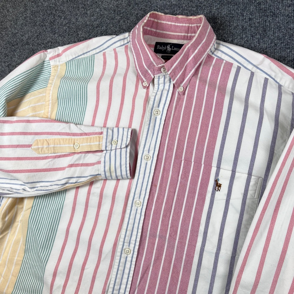 Vintage Polo Ralph Lauren Shirt Mens M Fits XL Oxford Patchwork Striped Fun 90s